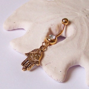 ONLY 3 LEFT Gold Belly Button Ring Gold Belly Jewelry Gold Fatima Hand on Single Jeweled Barbell Made to Order image 1