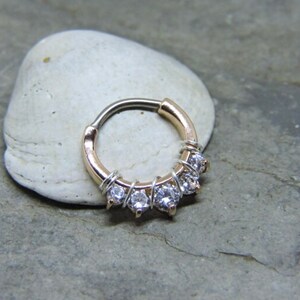 Gold or Rose Gold Septum Clicker Nose Ring Hoop - 16G 3/8" Daith Clicker Septum Ring - CZ Diamond Crystals - Sterling or 14K Gold Fill Wrap