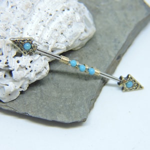 Industrial Barbell - Double Piercing - Genuine Turquoise - 14K Gold Fill - Antiqued Spear Ends - 14G 1 1/4" to 2" Ear Bar - Scaffold Barbell