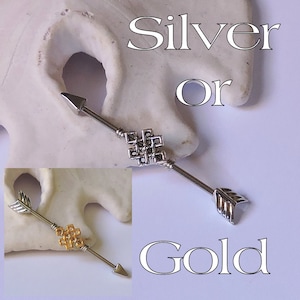 Industrial Barbell - Arrow Ear Jewelry - Double Pierced Earring - Choose Celtic Knot Color - Silver or Gold - 16G or 14G Industrial Ear Bar