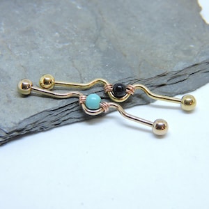 Industrial Barbell - 1 1/2" Rose or Yellow Gold 14G Wave Industrial Bar Piercing With Gemstone Wire Wrap - Choose Gemstone and Wrap Color