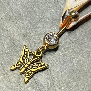 Gold Belly Button Ring - Belly Button Jewelry - Navel Piercing - Gold Butterfly Belly Ring - Dangle Belly Rings - ONLY 3 AVAILABLE