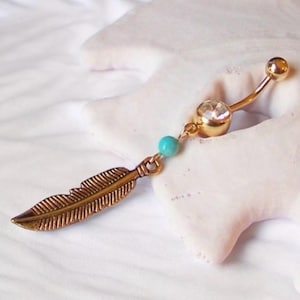 Gold Belly Button Ring - Belly Button Jewelry - Belly Ring - Gold Feather With Turquoise Magnesite - Turquoise Belly Rings - Ready to Ship