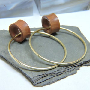 May include: A pair of gold hoop earrings with wooden plugs. The hoops are thick and have a smooth finish. The wooden plugs are brown and have a natural wood grain.