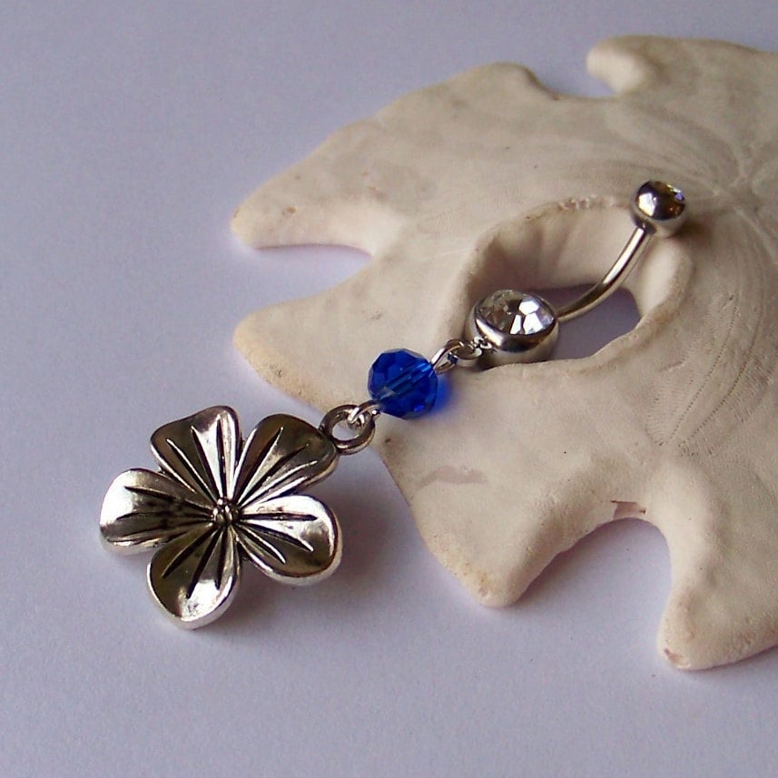 Belly Button Ring - Belly Button Jewelry - Silver Flower Pendant with Celestial Crystal Birthstone - Choose Your Color - Made to Order
