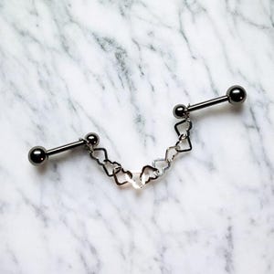 Industrial Barbell - Chained Industrial Bar - Sterling Silver Heart Chain - Double Pierced Ear - 18 or 16 or 14 Gauge - Adjustable Length