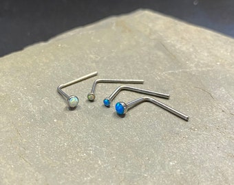 Opalite Nose Pin SURGICAL STEEL - 2mm or 3mm Press Set Blue or White Opalite 20G or 18G - Long or Short Piercing Bar Nose Bone L Shape
