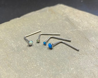Opalite Nose Pin SURGICAL STEEL - 2mm or 3mm Press Set Blue or White Opalite 20G or 18G - Long or Short Piercing Bar Nose Bone L Shape