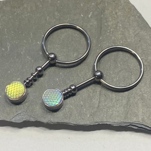Nipple Rings SET of 2 Dragon Scale Drop Doorknocker Captive Ring CBR 16G or 14G or 12G 3/8&quot; 7/16&quot; 1/2&quot; 5/8&quot; Iridescent Scales Nipple Jewelry