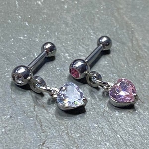 Pink or Clear Heart Cartilage Tragus Helix Bar - 16 Gauge 1/4" Barbell - CZ Crystal Heart Dangle Ear Piercing - Made to Order