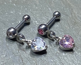 Heart Cartilage Tragus Helix Bar 16G 1/4" CZ Dangle Ear Piercing