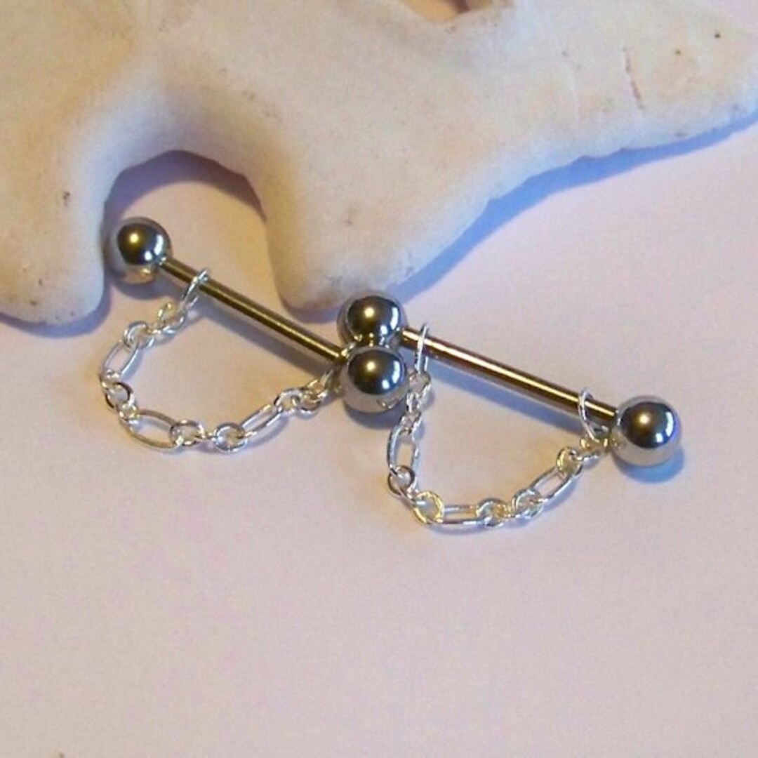 Nipple Barbells With Figaro Chain Set of 2 16G or 14G or 12G Dangle Nipple Jewelry Chained