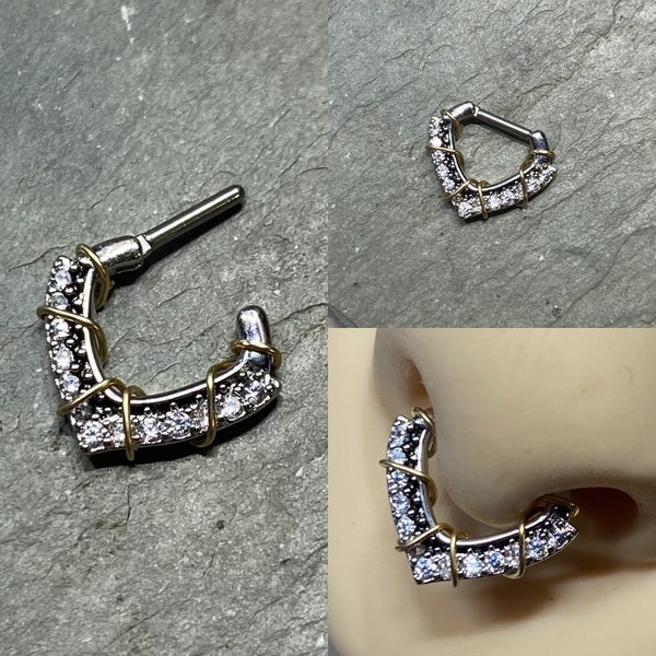 Septum Clicker V Shape Chevron Nose Ring  16G 1/4" Daith Clicker Septum Ring - CZ Crystals - Sterling 14K Rose or Yellow Gold Fill Wire Wrap