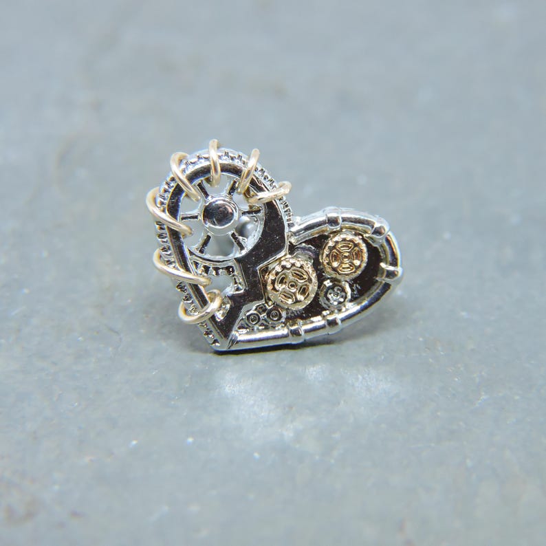 Wire Wrapped in 14K Gold Fill or Sterling Silver Heart Bar Earring Helix Cartilage Piercing 16 Gauge 14 Wire Wrap Steampunk Heart
