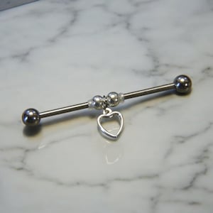 Industrial Barbell - Tiny Open Heart Dangle Industrial Bar Piercing - 16G or 14G Industrial Ear Bar Double Ear Piercing Upper Ear Jewelry
