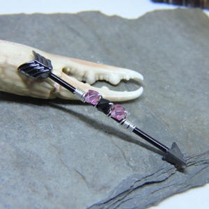 Industrial Barbell - Swarovski Crystal Birthstone and BLACK Arrow Industrial Ear Bar - Black Anodized Barbell - Sterling Rose or Yellow Gold