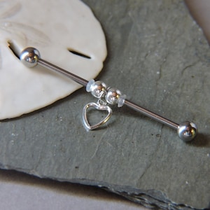 Mini Heart Industrial Barbell Piercing 16G or 14G Ear Jewelry 1 1/4" or 1 1/2" Surgical Steel Scaffold Upper Ear Bar - Choose Your Bar Color