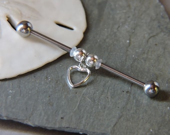 Mini Heart Industrial Barbell Piercing 16G or 14G Ear Jewelry 1 1/4" or 1 1/2" Surgical Steel Scaffold Upper Ear Bar - Choose Your Bar Color