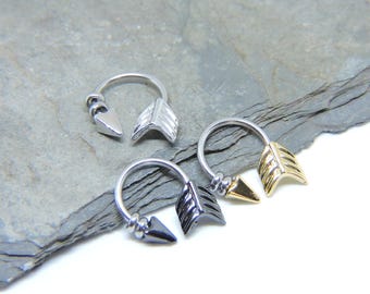 Tragus Rook Cartilage Snug Helix Daith Piercing - Beaded Arrow Ear Ring - 3/8" 7/16" 1/2" - 14G Horseshoe Ring - Gold Silver or Black