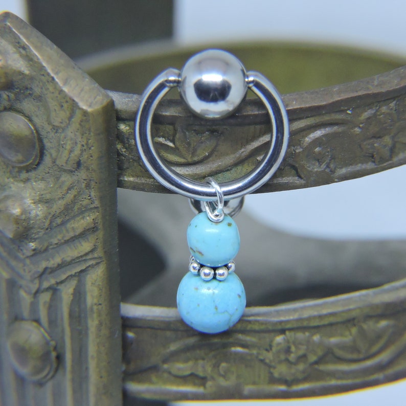 Vertical Hood Piercing Barbell - 16G 14G 12G 10G VCH Bar - Turquoise Magnesite - Sterling - Straight or Curved - Intimate Piercing Jewelry 