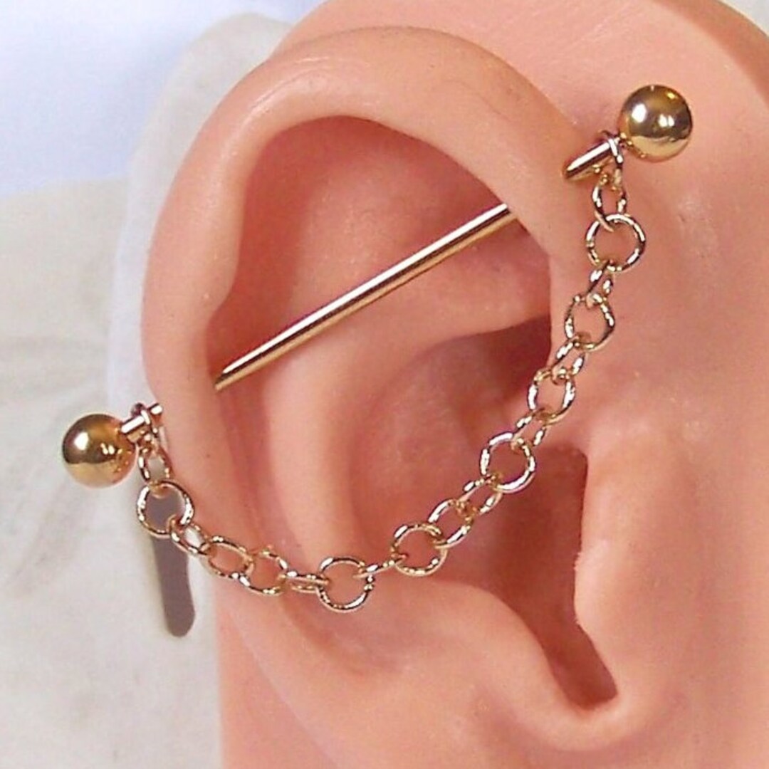 Gold Industrial Barbell Single Chained Barbell Industrial Piercing 14 Gauge 1 1/4 or 1 1/2