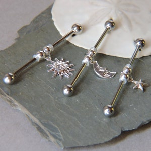 Sun Moon or Star Industrial Barbell Piercing 16G or 14G Ear Jewelry 1 1/4&quot; or 1 1/2&quot; Anodized Scaffold Upper Ear Bar - Choose Your Bar Color