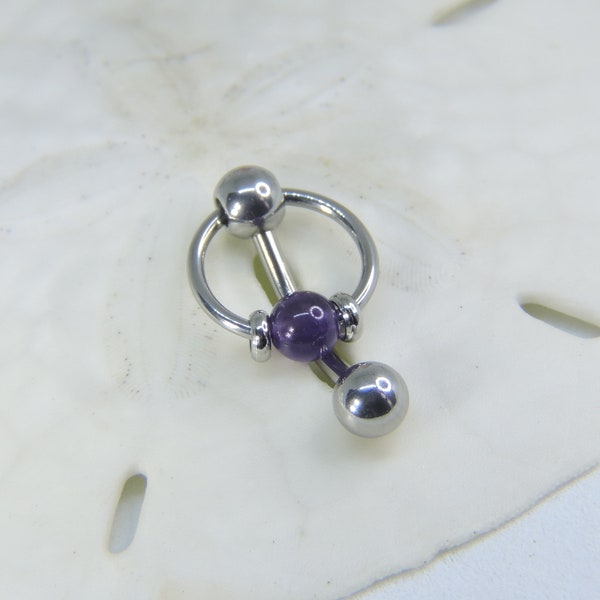 Vertical Hood Piercing Barbell - 14G 12G 10G AMETHYST Doorknocker Slave Ring - Straight or Curved Bar - Hood Intimate Clit Piercing Jewelry