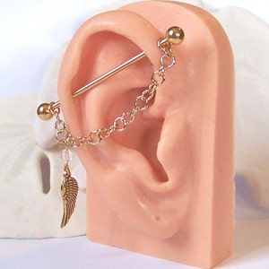 Industrial Barbell - Swarovski Crystal Angel Wing Single Chain - Scaffold Ear Piercing - 14G 1 1/4" or 1 1/2" - GOLD or SILVER