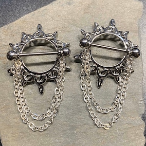 Tribal Sunburst Chained Nipple Shields SET of 2 - 14G 12G Barbells - 5/8&quot; Opening