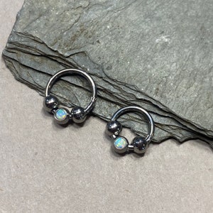 Septum Clicker Nose Ring 16G 5/16” or 3/8” Opalite Daith Clicker Septum Ring - Hinged Ring - Stainless Steel Beaded Surgical Steel Ring