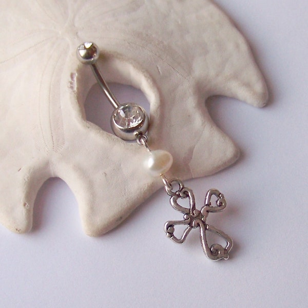 Charm Belly Button Ring - Belly Button Jewelry - Open Cross and Pearl Drop - Silver Cross Belly Ring - Made to Order