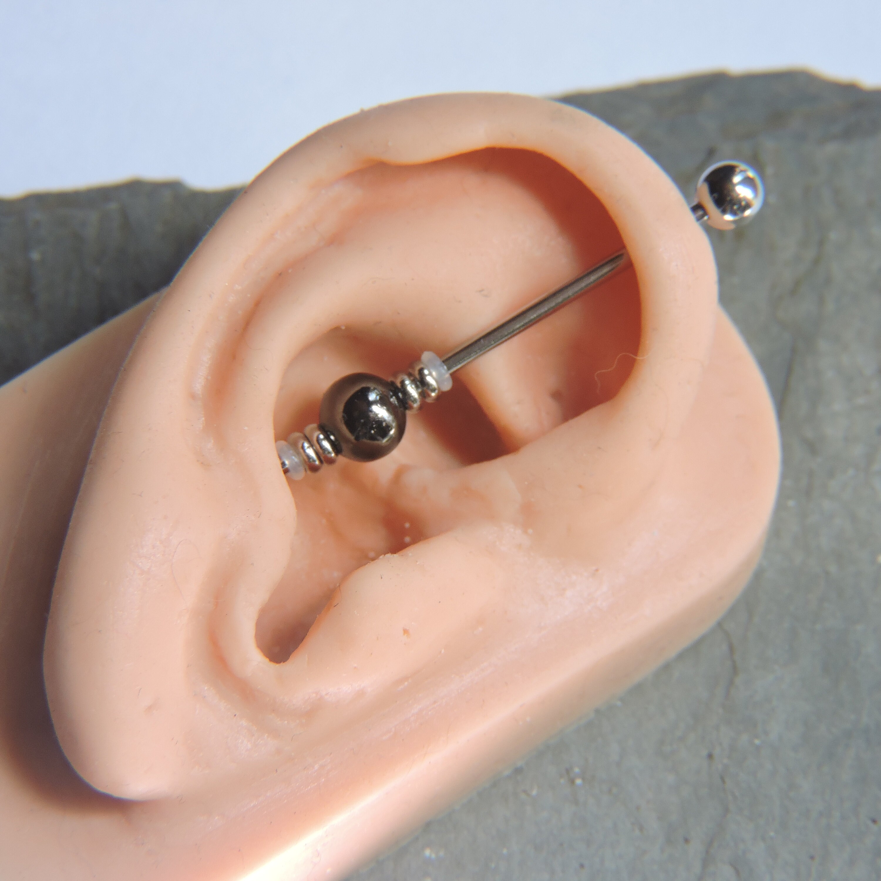 thumbnail image 2 of 2PC Industrial Scaffold Barbell Earrings - 14G 38mm, Crystal Studs, Surgical Steel 2 of 5