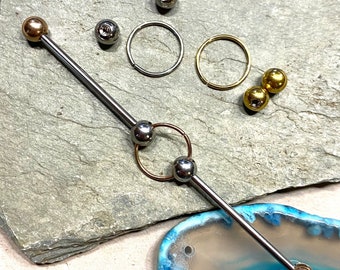 Vertical Industrial Barbell Ear Bar - Custom Sized Straight Bar with Ring Scaffold Bar - Silver Gold - Rose Gold - Black Blue Purple Green