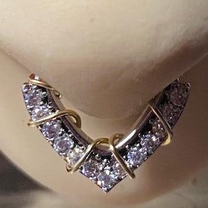 Septum Clicker V Shape Chevron Nose Ring  16G 1/4" Daith Clicker Septum Ring - CZ Crystals - Sterling 14K Rose or Yellow Gold Fill Wire Wrap