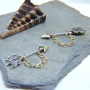 Gold Nipple Barbells - 1 or SET OF 2 - 14G or 12G Gold Arrow Nipple Jewelry - Nipple Rings - Chained Nipple Stirrup Jewelry - Choose Length
