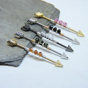 LIMITED EDITION Arrow Industrial Barbell - Swarovski Crystal Birthstone Ear Bar Anodized Barbell - 15 Colors - Sterling or 14k Gold Wrap
