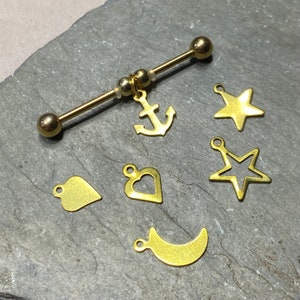 Moon or Star or Anchor or Heart Brass Charm - Industrial Bar Piercing 14G Ear Scaffold Upper Ear Piercing - Gold Plated Barbell