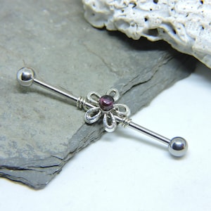 Flower Industrial Barbell - Silver Flower - Choose Gemstone Color - Double Pierced Ear - 16G or 14G Industrial Barbell - Scaffold Ear Bar