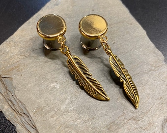 Feather Plug Dangles - Silver or Gold Drop - Sizes 8G to 5/8" SET of TWO Plug or Tunnel - Screw Fit or Saddle Fit or Double Flare