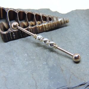 Industrial Barbell - Rose Gold Scaffold Piercing 14G 1 1/4" or 1 1/2" Ear Bar - Sterling or 14K Rose or Yellow Gold Wrap - Choose Bead Color