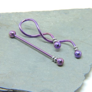 Industrial Barbell SET of 2 - 1 1/2" Straight & 1 5/8" Spiral Beaded Bars - Twisted PURPLE 14G Double Ear Piercing Waved Scaffold Bar