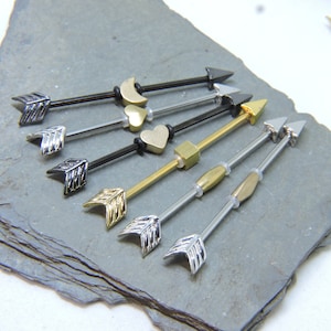 Industrial Barbell - Silver Black or Gold Arrow Ear Bar - Double Pierced Earring - Choose Brass Center Bead - 16G or 14G Scaffold Jewelry
