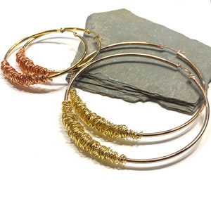 Set of 2 Earrings or Tunnel Hoops - Gold Silver Copper or Bronze Wrapped - 1.5” 2” 2.5” 3” Gold or Silver or Rose Gold Hoop Earrings