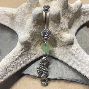 ONLY 2 Belly Button Ring - Navel Piercing - Seahorse w/ Sea Green Glass