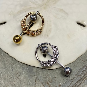 SALE Vertical Hood Piercing Barbell 14G 12G 10G VCH Bar Straight or Curve Bar - Silver or Gold Dot Loop - Slave Clit Ring Intimate Jewelry