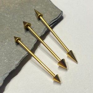 Gold Spike End Industrial Barbell 14G 1 1/4” or 1 3/8” or 1 1/2” Scaffold Barbell Custom Cartilage Bar - Choose Spike Size