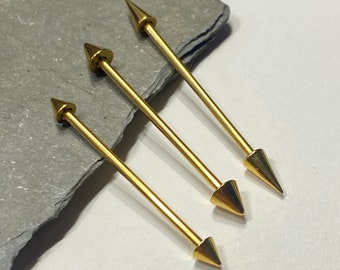 Gold Spike End Industrial Barbell 14G 1 1/4” or 1 3/8” or 1 1/2” Scaffold Barbell Custom Cartilage Bar - Choose Spike Size