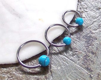 Triple Helix - Tragus - Cartilage - SET of 3 - 16G or 14G - ONE of Each 1/4" - 5/16" - 3/8" - Turquoise Captive Rings - Made to Order
