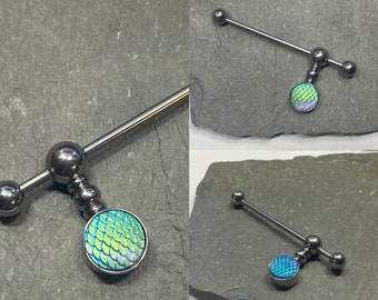 Iridescent Scales Industrial Barbell Piercing 14G Ear Jewelry 1 1/4" or 1 1/2" Surgical Steel Scaffold Upper Ear Bar - Choose Bar Color