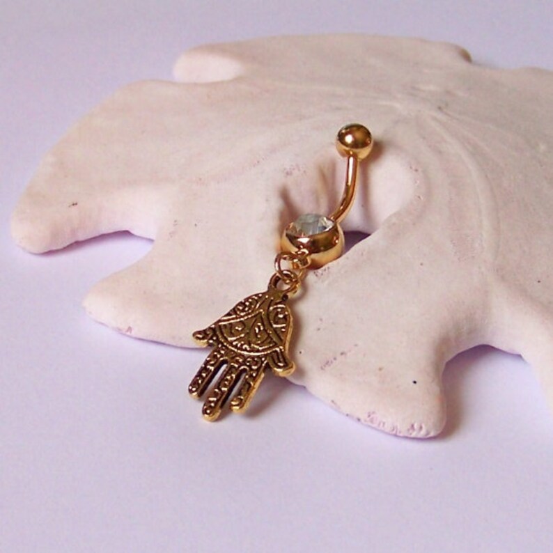 ONLY 3 LEFT Gold Belly Button Ring Gold Belly Jewelry Gold Fatima Hand on Single Jeweled Barbell Made to Order image 3